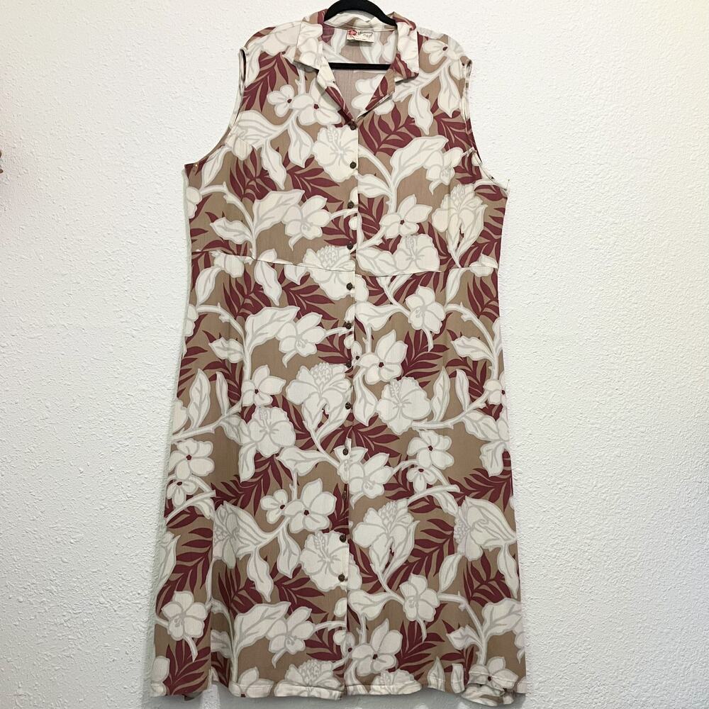Vtg Hilo Hattie Aloha Hawaiian Dress 3X Button Front Midi Floral Sleeveless